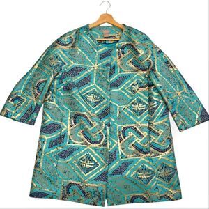 NWOT Chico's Turquoise Teal and Gold Patterned Coat Jacket Size 16-18